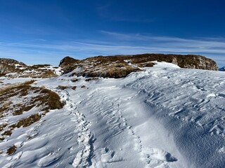 Wonderful winter hiking trails and traces on the fresh alpine snow cover of the Bernese Oberland region, Switzerland - Herrliche Winterwanderwege und Spuren auf der frischen Schneedecke, Schweiz