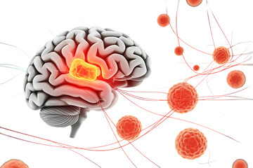 Human brain, with a glowing tumor and surrounding cells, cutout, PNG isolated on white or transparent background
