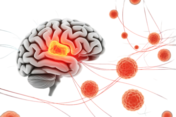 Human brain, with a glowing tumor and surrounding cells, cutout, PNG isolated on white or transparent background