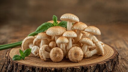Fototapeta premium Fresh mushrooms arranged on a wooden surface with green leaves, highlighting nature and culinary ingredients.