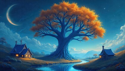 Fantasy landscape at night features a giant tree with orange leaves and a crescent moon in the sky. Two quaint houses sit near a flowing river under blue starry sky, mystical glow.
