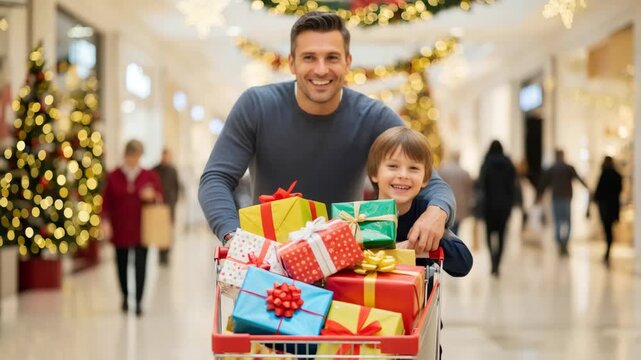 Smiling caucasian man and boy push a shopping cart full of gifts in a decorated mall during the christmas season for holiday shopping.