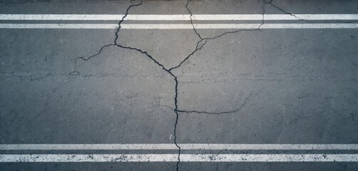 Overhead view shows texture of asphalt with cracks and white lines. Damaged road surface shows wear and tear. Abstract background pattern depicts destruction and decay