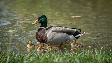 Obraz premium A mother duck swimming in water with her ducklings.