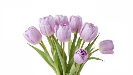 Naklejka premium Purple tulips bouquet with green stems and leaves, elegant floral arrangement. Fresh and vibrant flowers for decoration or gifting.