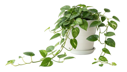 Epipremnum aureum plant with trailing vines in a white pot