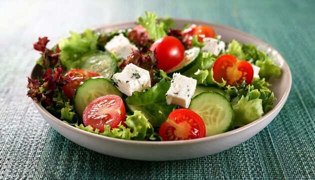 close up of fresh green salad with cherry tomatoes cucumber and feta cheese