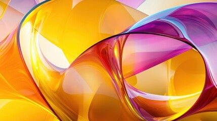 Laser speckle correlation flowing abstract shapes vibrant yellow orange magenta gradient translucent overlapping curved forms dynamic swirling composition artistic rendering