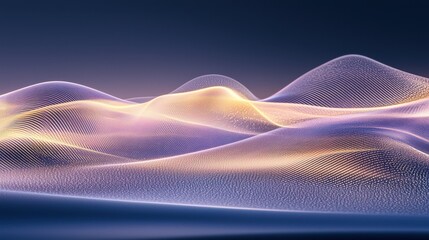 Interference visibility bands flowing particle waves luminous violet golden mesh structure digital visualization abstract technology scientific data representation