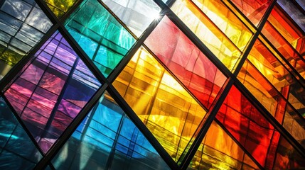 Laser wavelength splitting through colored glass panels creating vibrant spectrum display with angular geometric framework and intense light refraction across rainbow hues