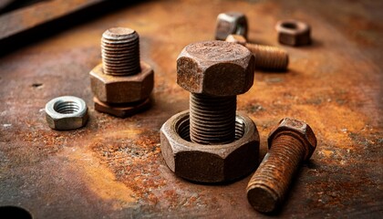 close up view of rusty metal bolts and nuts on corroded industrial surface showcasing weathered texture details of steel components and industrial aesthetics