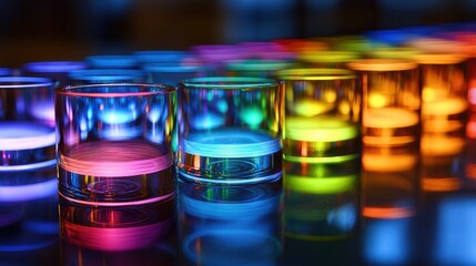 Optical coherence rings displayed through transparent glass cylinders creating vibrant laser interference patterns with spectrum light diffraction in rainbow colors