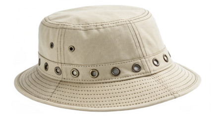 A lightcolored canvas bucket hat with grommets and stitching