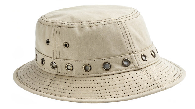 A lightcolored canvas bucket hat with grommets and stitching