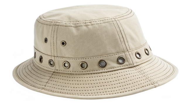 A lightcolored canvas bucket hat with grommets and stitching