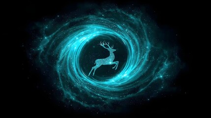 Cosmic Leap: Glittering Stag Mid-Jump in a Neon Celestial Vortex
