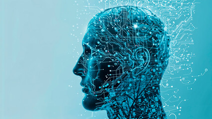 Artificial intelligence concept with digital brain, neural network connections, and futuristic technology interface.