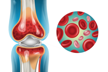 Human knee joint, with magnified view of red blood cells, cutout, PNG isolated on white or transparent background
