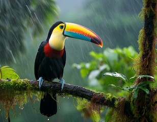 Fototapeta premium colorful toucan perched on a tree in a lush forest observing tropical flora in the rain