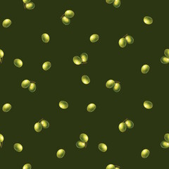 Seamless pattern Illustration with hand-drawn green olives scattered on a dark green background