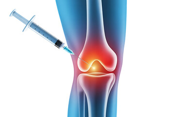 Knee joint injection, with glowing fluid and syringe, cutout, PNG isolated on white or transparent background