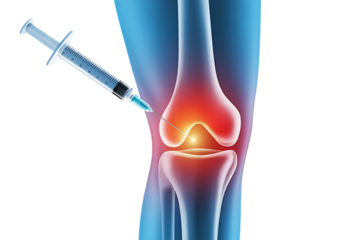 Knee joint injection, with glowing fluid and syringe, cutout, PNG isolated on white or transparent background