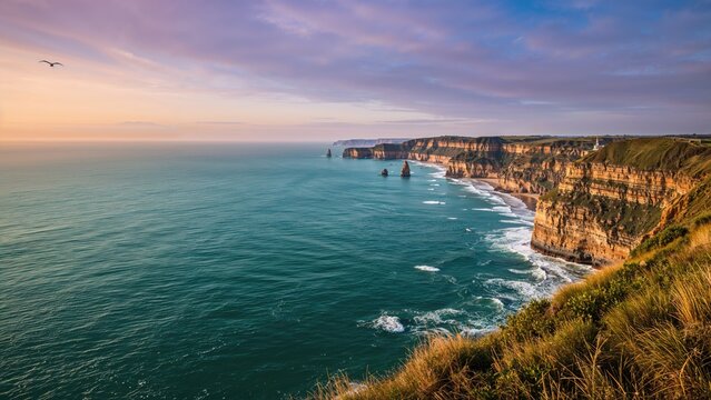 Cliffs of Moher at sunset with ocean waves, coastal scenery, and sky colors. Landscape and nature. Natural beauty and seaside view. - Powered by Adobe