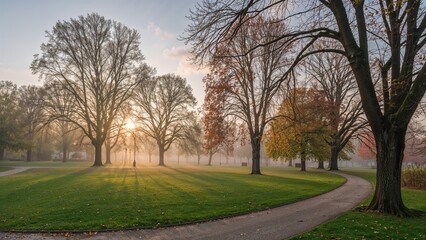 Fototapeta premium Autumn scene in a park with leafless and colorful trees and a winding path during sunset. Nature and outdoor landscape. The scene of trees, park, and sunset.