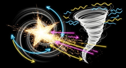 Dynamic starburst energy colliding with powerful tornado vortex symbolizing innovation disruption and unstoppable progress