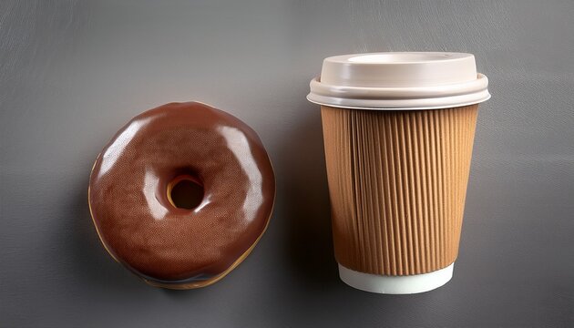 delicious chocolate glazed donut next to an eco friendly takeaway coffee cup on a textured gray surface perfect for food and beverage related projects and advertising