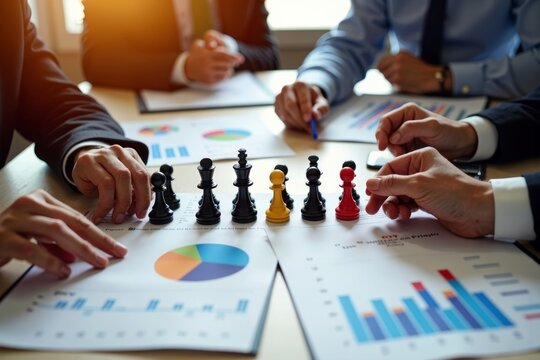 Diverse Professionals Strategizing with Chess Pieces on Financial Charts - Powered by Adobe