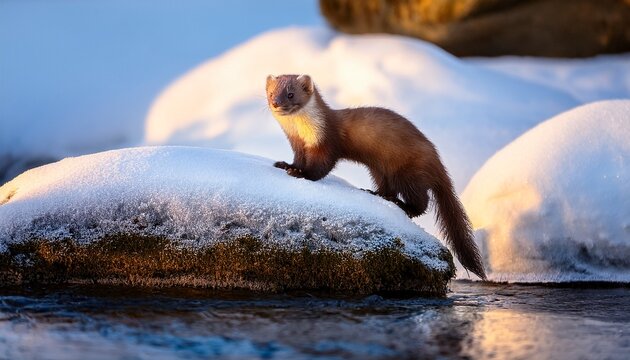 marten standing on a snow covered rock beside a river during early morning light