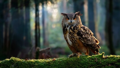 majestic owl perched on a moss covered branch in a dark forest at dusk