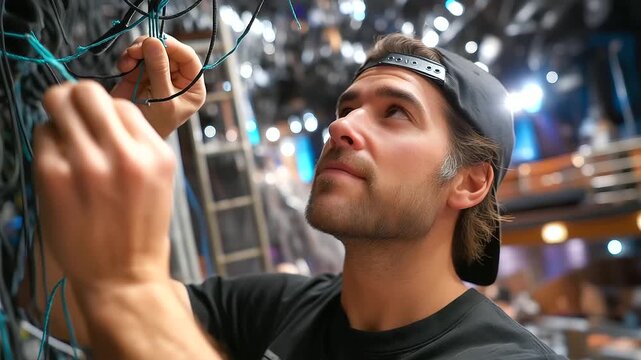 Stagehand flying lines, taping marks, testing comms before show, realism, theater, production, teamwork, precision, with copy space