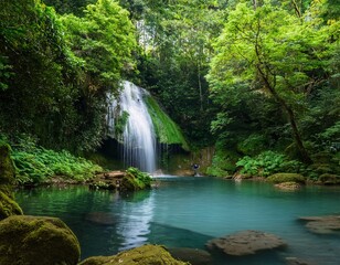 lush green forest surrounds a cascading waterfall flowing into a tranquil pool