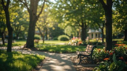 A peaceful park with trees, a walking path, and a bench surrounded by flowers and greenery.