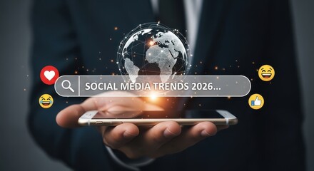 Hand Holding Smartphone with Search Bar for "Social Media Trends 2026" and Digital Globe, Representing Future Marketing and Global Communication.