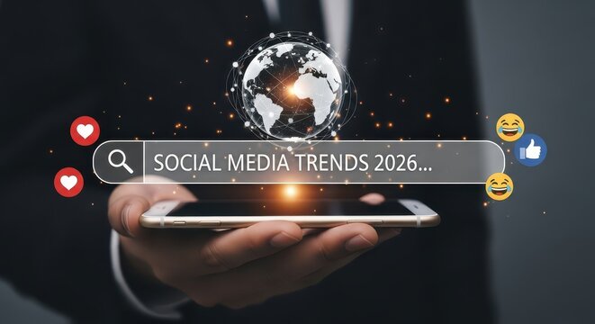 Hand Holding Smartphone with Search Bar for "Social Media Trends 2026" and Digital Globe, Representing Future Marketing and Global Communication.
