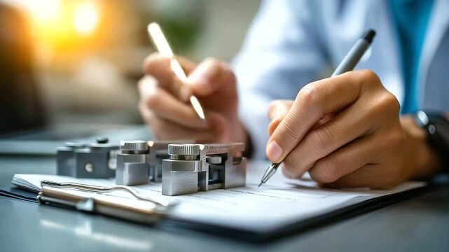 Quality inspector using calipers and gauge blocks, recording tolerances, realism, QA, documentation, standards, meticulous, with copy space