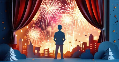 Silhouette views city skyline, fireworks display. Red curtains frame scene, creating dramatic stage effect. Festive, celebratory mood.