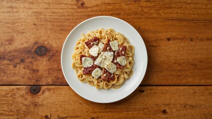 Plate of spaghetti with cheese, tomato pieces, and seasoning on a wooden table.