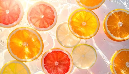 Thin lemon, orange, and grapefruit slices floating in clear water