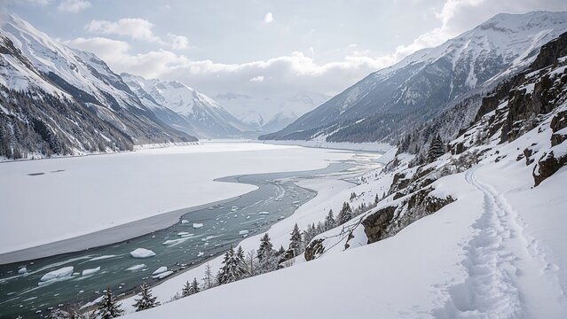 Snow-covered mountains and a partially frozen river in a valley during daytime. Landscape scenery of winter Alps. - Powered by Adobe