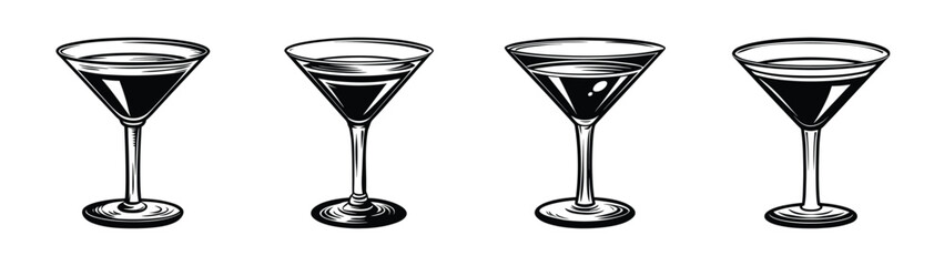 Illustration of four vintage champagne flutes for sparkling wine celebration and party drinks