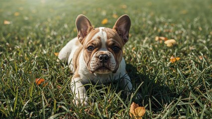 Fototapeta premium A French Bulldog puppy lying in the grass with yellow leaves scattered around.
