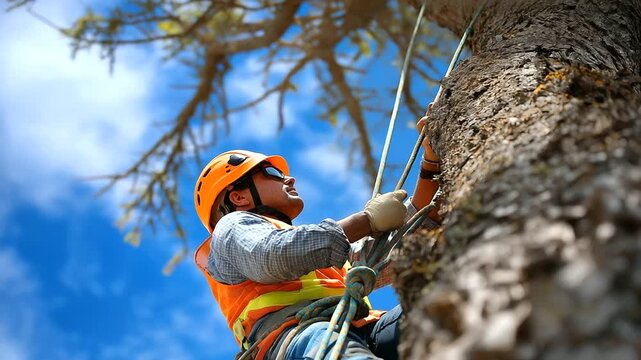 Arborist ascending rope, inspecting canopy, precise cuts, realism, forestry, climbing, safety, certified skill, with copy space