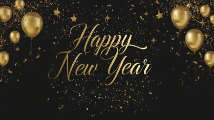Happy New Year Text with Golden Balloons and Glitter on a Black Background greeting celebration - Powered by Adobe