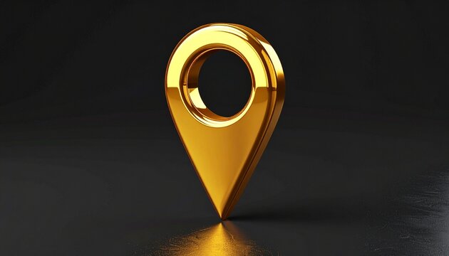 A glossy, three-dimensional golden map pin with a hollow circular center stands upright on a dark reflective surface