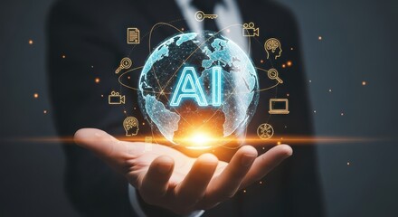 Businessman holding a glowing, networked digital globe with the text "AI," symbolizing global artificial intelligence, machine learning, and technological future.