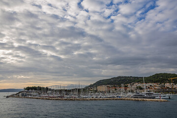 Scenic Coastal View of a Mediterranean Town With Mountains and Waterfront, Split, Croatia